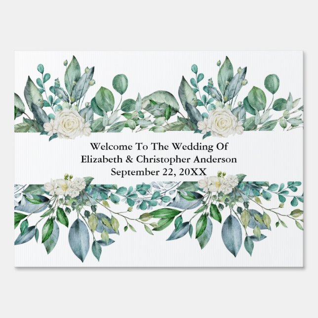 Eucalyptus White Roses Wedding Welcome Sign (Front)
