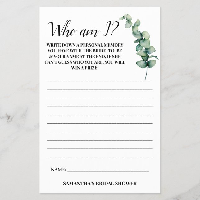 Eucalyptus Who am I? Bridal Shower Game Card Flyer (Front)