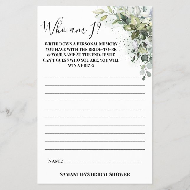 Eucalyptus Who am I? Bridal Shower Game Card Flyer (Front)
