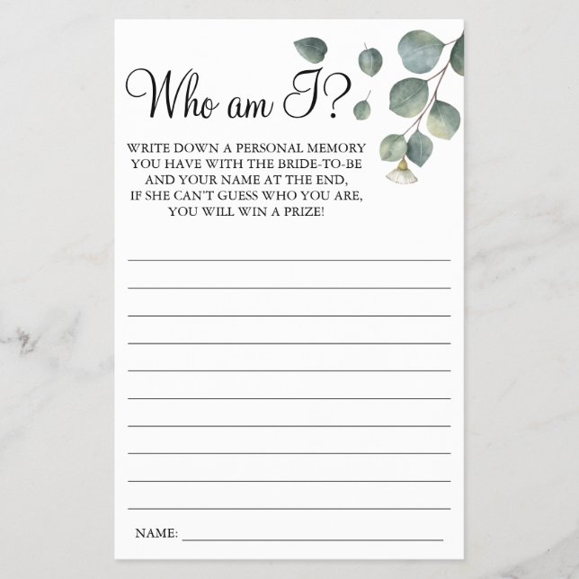 Eucalyptus Who I am Bridal shower game card Flyer (Front)