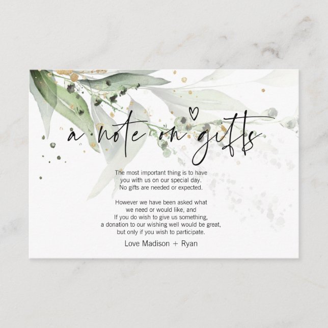 Eucalyptus Wishing Well Wedding Note on Gifts Card (Front)