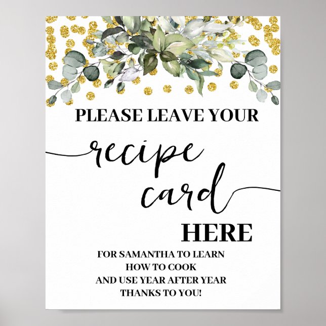 Eucalyptus with Gold Leave Your Recipe Card Sign (Front)