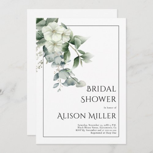 Eucalyptus with white flowers bridal shower invitation