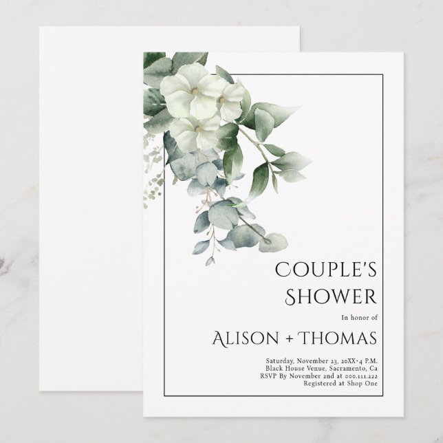 Eucalyptus with white flowers couple's shower invitation (Front/Back)