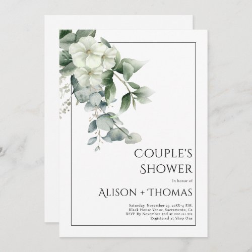 Eucalyptus with white flowers couples shower invitation