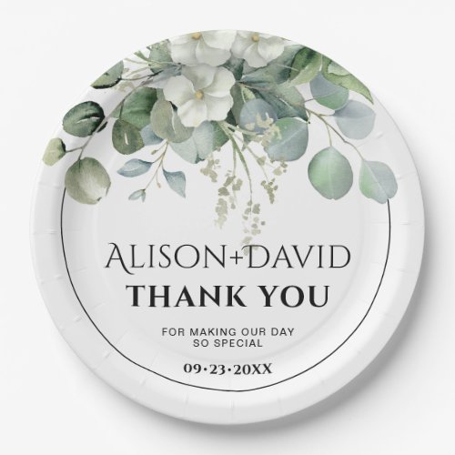 Eucalyptus with white flowers typography wedding paper plates