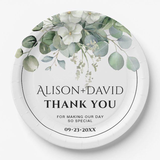 Eucalyptus with white flowers typography wedding paper plates (Front)