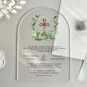 Eucalyptus Wood Cross Catholic Wedding Acrylic Invitations