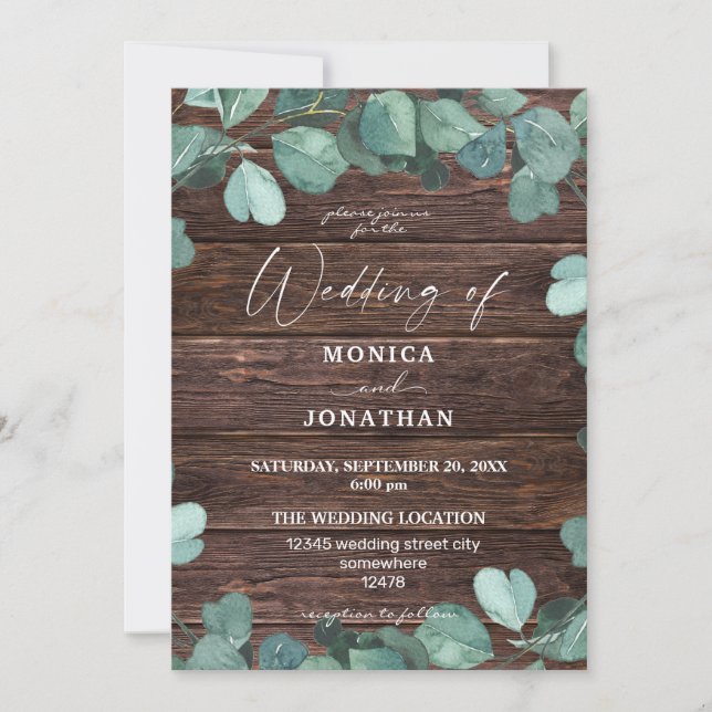 Eucalyptus & Wood Greenery Wedding Invitation (Front)