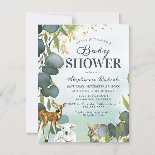 Eucalyptus Woodland Animals Baby Shower Invitation - Greenery forest baby shower invitations featuring a dusty greeny/blue watercolor wash, botanical eucalyptus leaves, splashes of faux gold foil, woodland baby animals, and a modern baby shower party template that is easy to personalize.