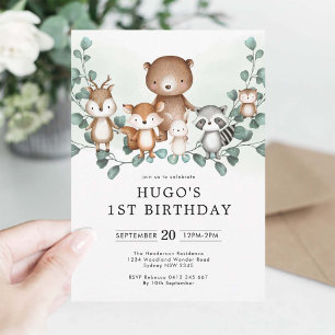 Eucalyptus Woodland Animals Greenery 1st Birthday Invitation