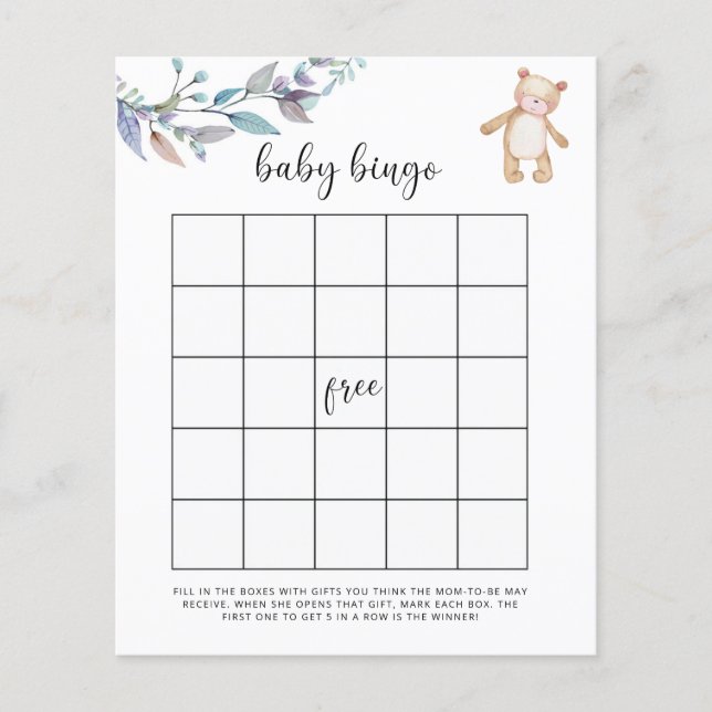 Eucalyptus woodland Baby shower bingo game (Front)