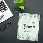 Eucalyptus woodland ferns greenery 2024 planner<br><div class="desc">Green watercolored background.  Decorated with eucalyptus greenery and woodland ferns.   Add a year and your name.</div>