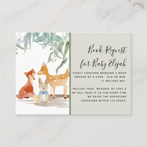 Eucalyptus Woods Deer Fox Rabbit Baby Shower Books Business Card