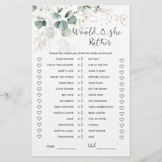 Eucalyptus Would She Rather Bridal Shower Game (Front)