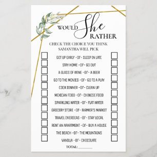 Eucalyptus Would She Rather Bridal Shower Game Flyer
