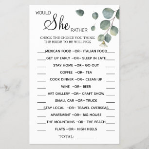 Eucalyptus Would She Rather shower game card Flyer