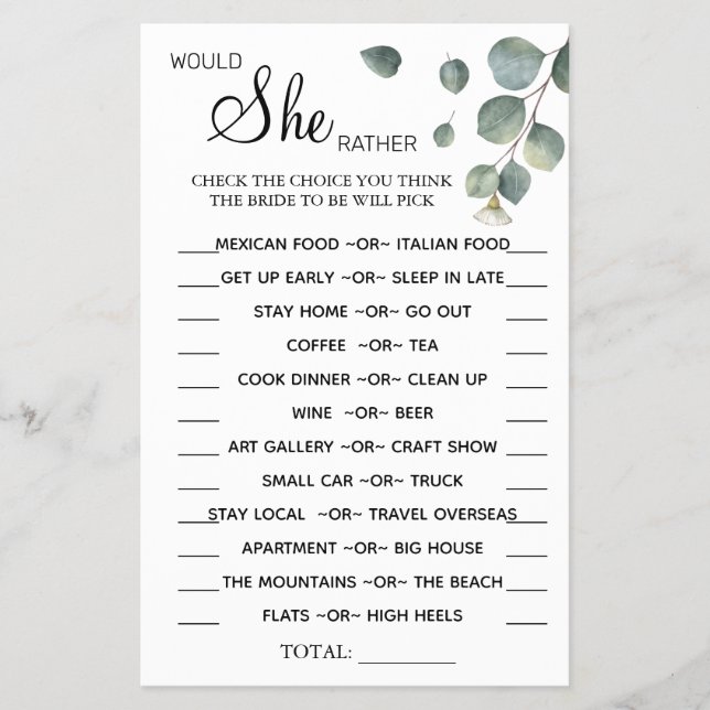 Eucalyptus Would She Rather shower game card Flyer (Front)