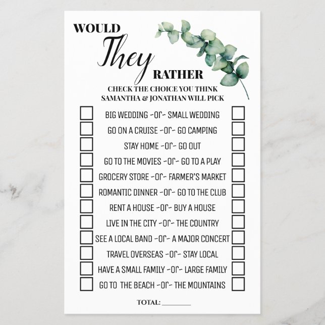 Eucalyptus Would They Rather Shower Game Card Flyer (Front)