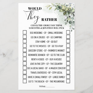 Eucalyptus Would They Rather Shower Game Card Flyer