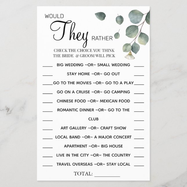 Eucalyptus Would They Rather shower game card Flyer (Front)