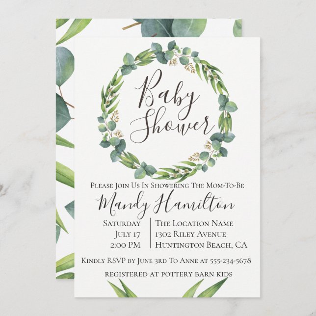 Eucalyptus Wreath Baby Shower Invitation (Front/Back)