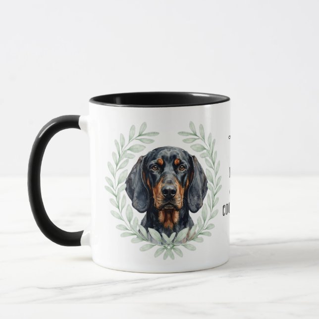 Eucalyptus Wreath Black and Tan Coonhound Monogram Mug (Left)