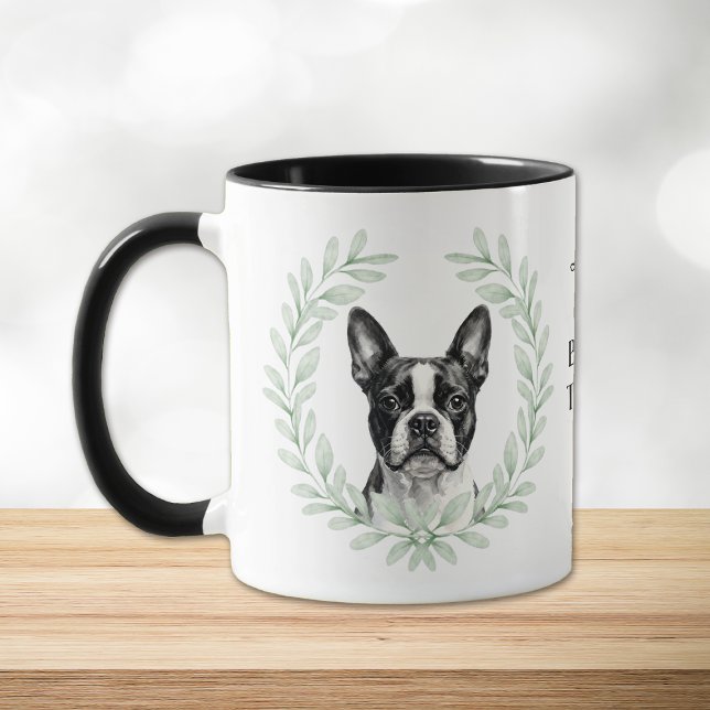 Eucalyptus Wreath Boston Terrier Dog Monogram Mug (Creator Uploaded)