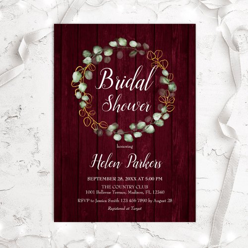 Eucalyptus Wreath Burgundy Marsala Bridal Shower Invitation