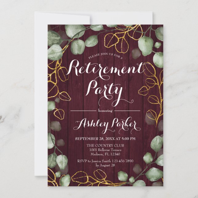 Eucalyptus Wreath Burgundy Retirement Party Invitation (Front)
