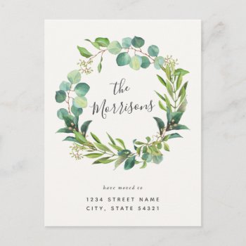 Eucalyptus Wreath Calligraphy Change Of Address Postcard by dulceevents at Zazzle