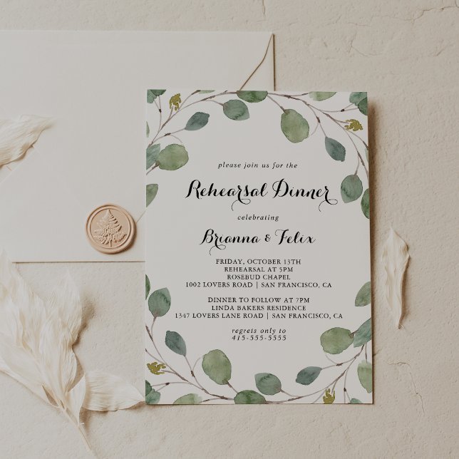 Eucalyptus Wreath Calligraphy Rehearsal Dinner Invitation (Creator Uploaded)