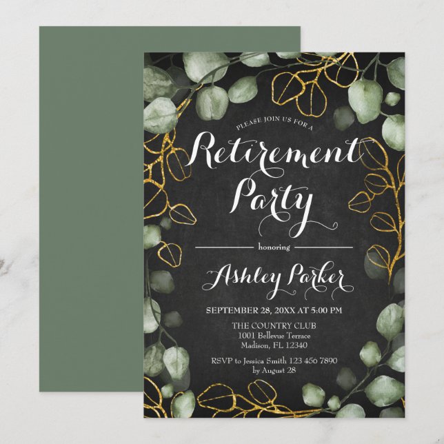 Eucalyptus Wreath Chalkboard Retirement Party Invitation (Front/Back)