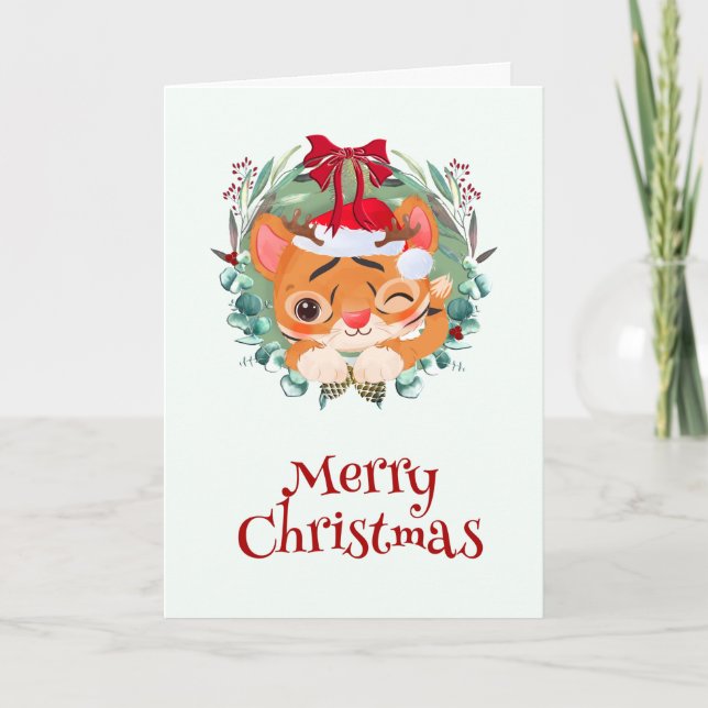 Eucalyptus Wreath Cute Tiger Christmas Holiday Card (Front)