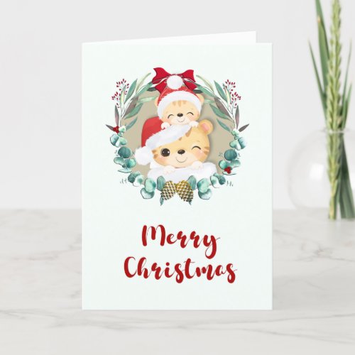 Eucalyptus Wreath Cute Tiger Family Christmas  Holiday Card