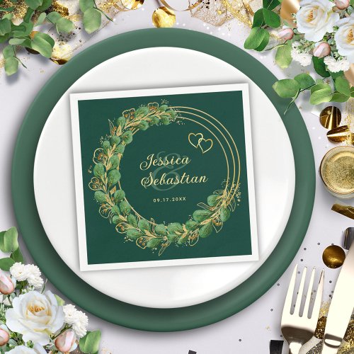 Eucalyptus Wreath Emerald  Gold Elegant Wedding Napkins