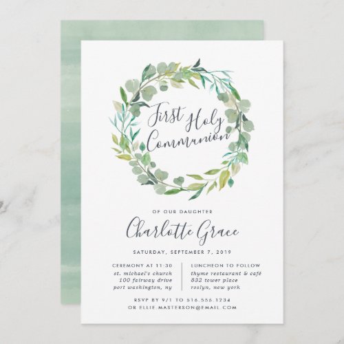 Eucalyptus Wreath First Holy Communion Invitation