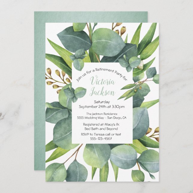 Eucalyptus Wreath Frame Retirement Party Invite (Front/Back)