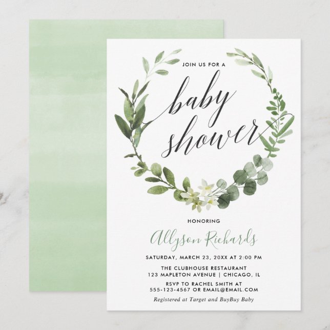 Eucalyptus wreath gender neutral baby shower invitation (Front/Back)