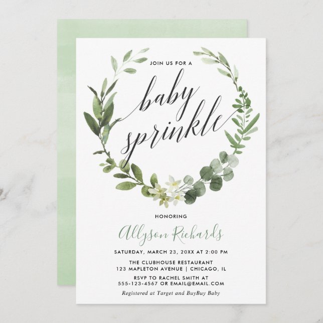 Eucalyptus wreath gender neutral baby sprinkle invitation (Front/Back)