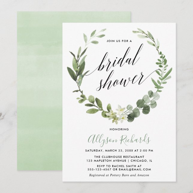 Eucalyptus wreath gender neutral bridal shower invitation (Front/Back)