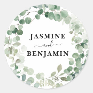 Eucalyptus Wreath Greenery Personalized Wedding Classic Round Sticker