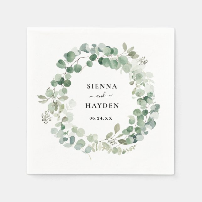 Eucalyptus Wreath Greenery Personalized Wedding Napkins (Front)