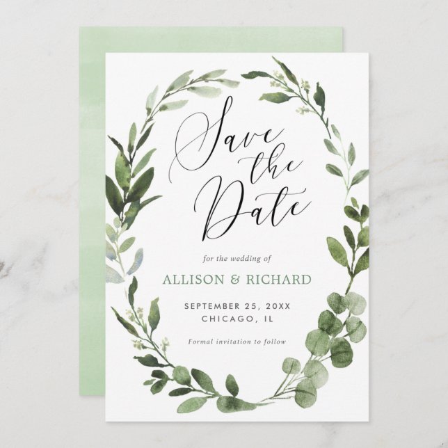 Eucalyptus wreath greenery simple Save the Date Invitation (Front/Back)