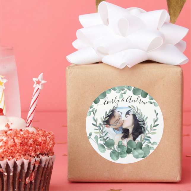 Eucalyptus Wreath Leaves Photo Classic Round Sticker (Party)