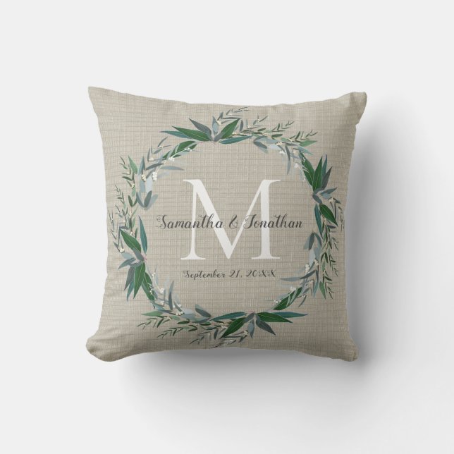 Eucalyptus Wreath Monogram Chic Wedding Keepsake Throw Pillow (Front)