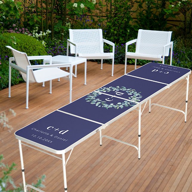 Eucalyptus wreath monogram wedding navy blue beer pong table (Creator Uploaded)
