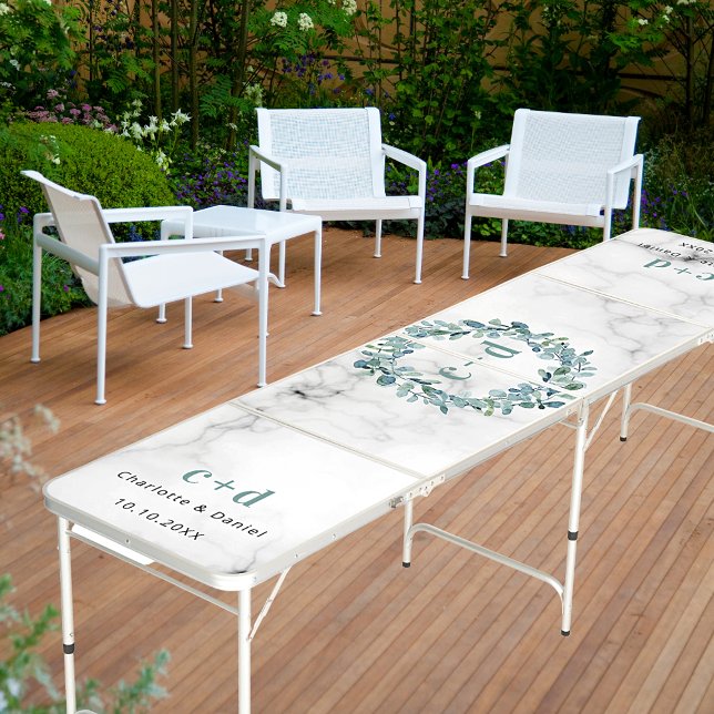 Eucalyptus wreath monogram wedding white marble beer pong table (Creator Uploaded)