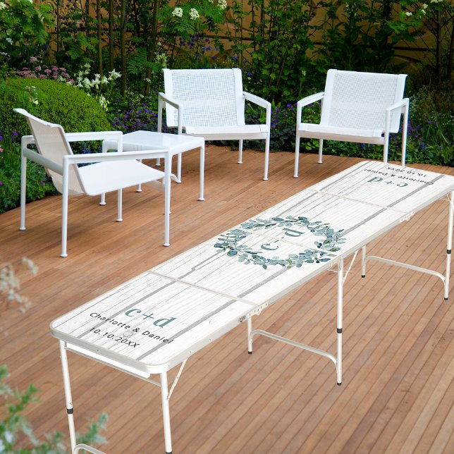 Eucalyptus wreath monogram wedding white wood beer pong table (Creator Uploaded)