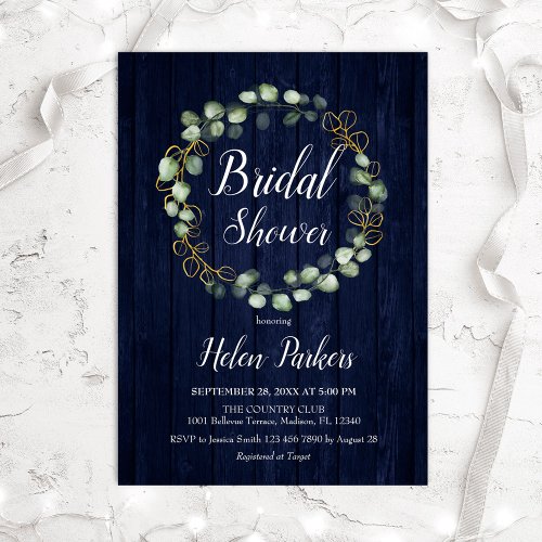 Eucalyptus Wreath Navy Blue Bridal Shower Invitation